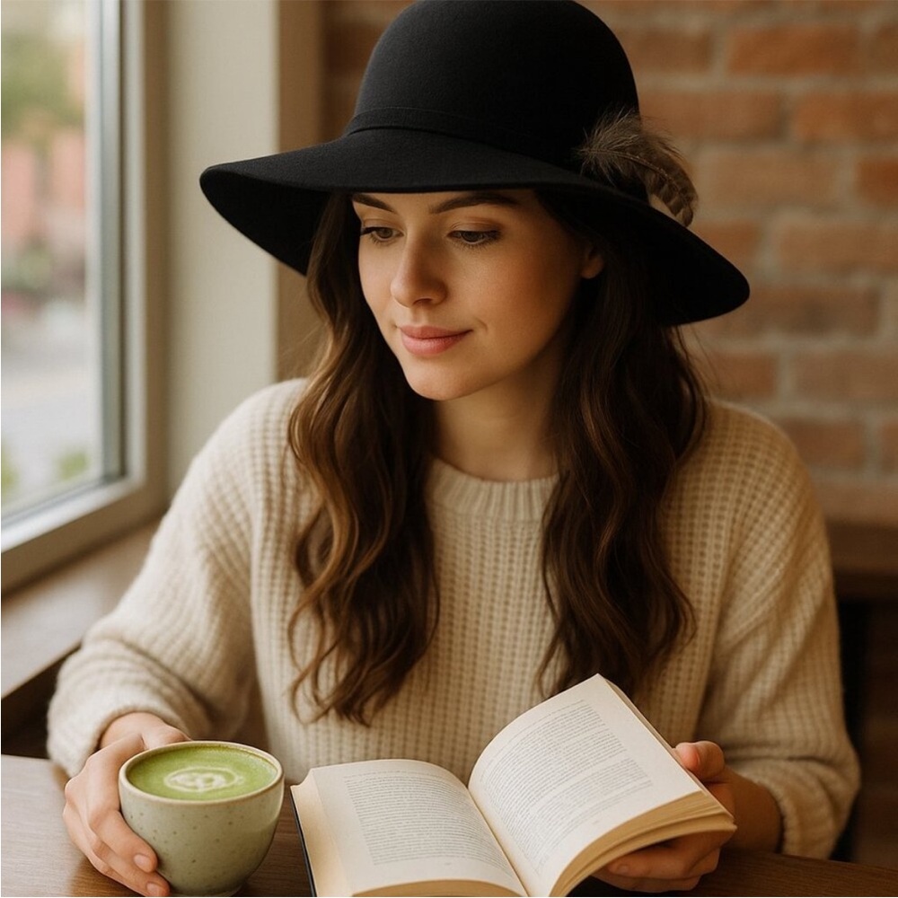 Black Boho Felted Wide Brim Hat with Feather Detail